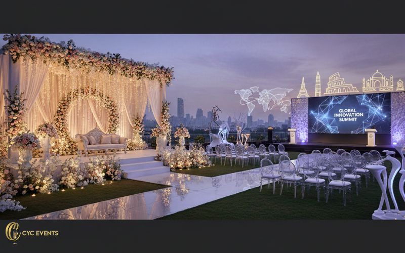 Event management company in Kolkata showcasing a wedding stage, corporate setup, and global MICE elements in one professional landscape scene