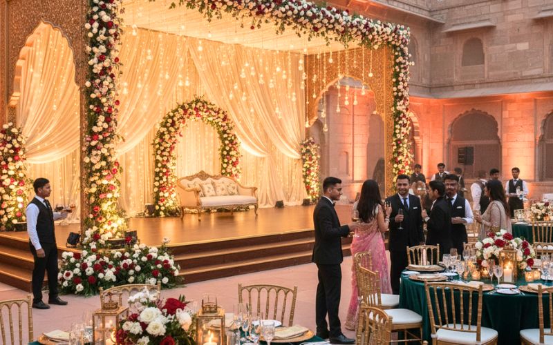 Premium Indian event setup with elegant stage design, floral décor, warm ambient lighting, and guests seated at tables during a professionally managed event.